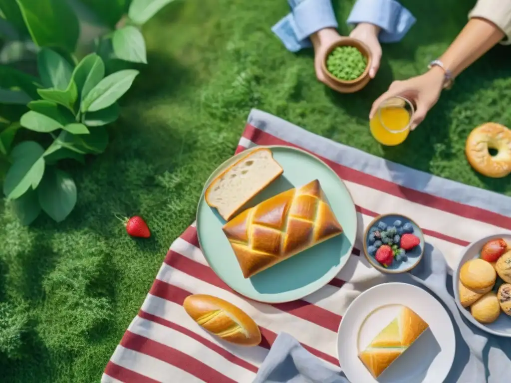 Un picnic vibrante en el parque, con pan sin gluten recetas innovadoras y diversidad, reflejando alegría y comunidad