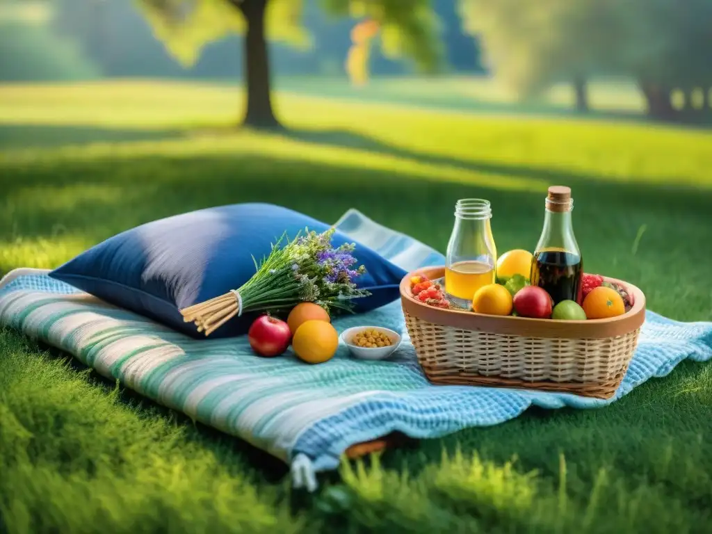 Un picnic vibrante de recetas saludables sin gluten, bajo un roble, con ensaladas, frutas, sándwiches y postres, en mantel colorido