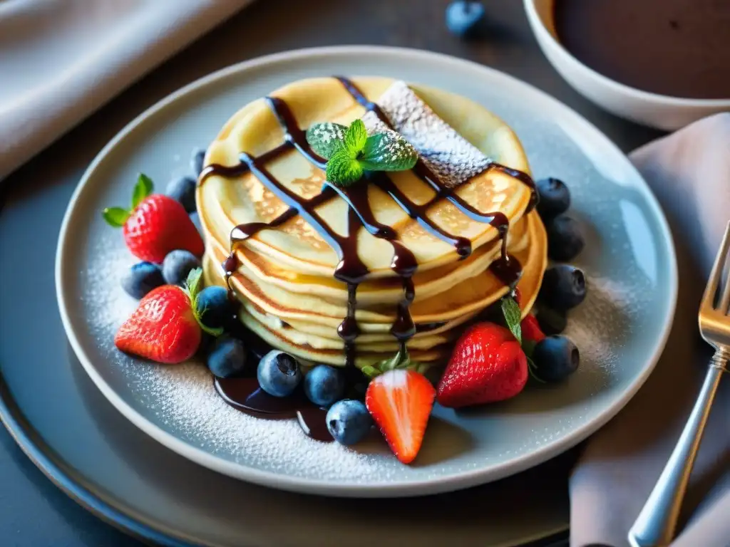 Una pila de deliciosos crepes sin gluten dorados con salsa de chocolate y frutos rojos sobre plato blanco