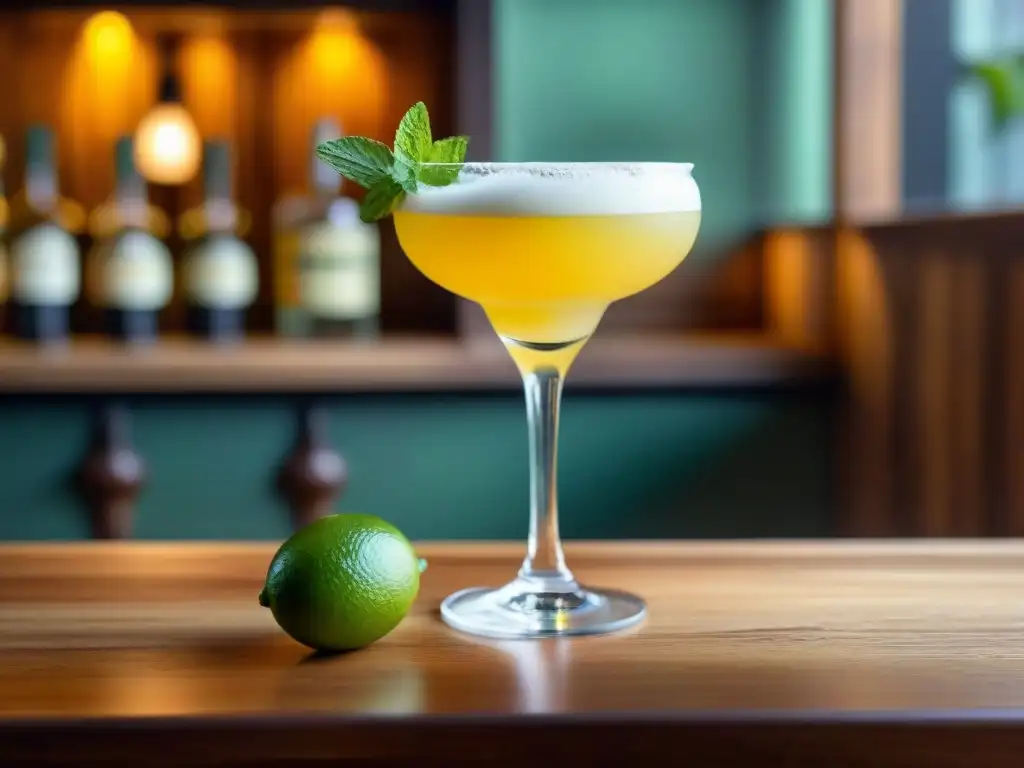 Un Pisco Sour sin gluten en copa elegante, con lima y menta, sobre barra de madera