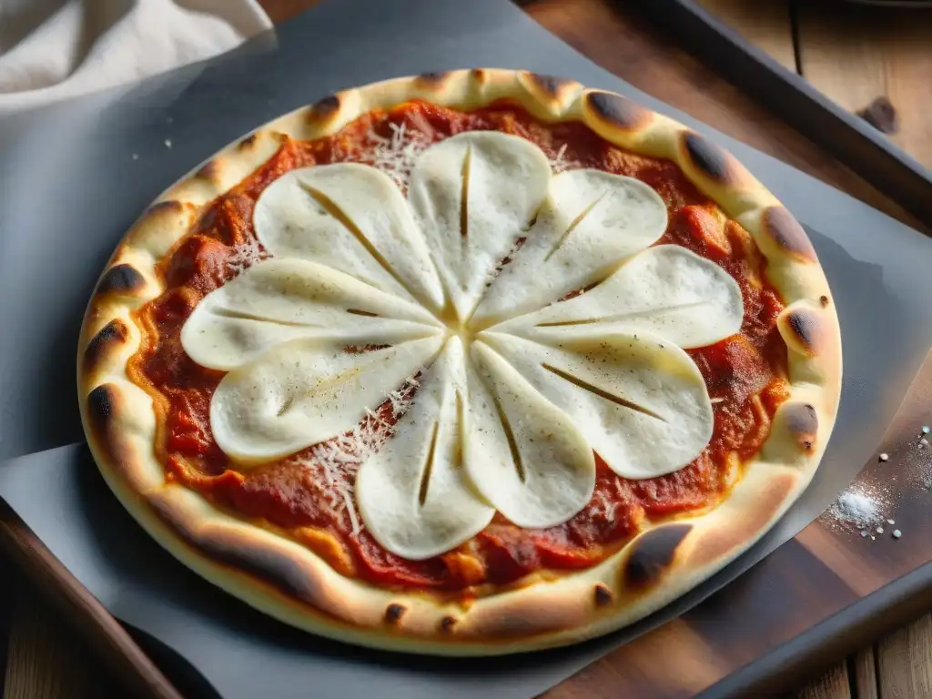 Pizza sin gluten: base dorada y perfectamente cocida en mesa de madera rústica