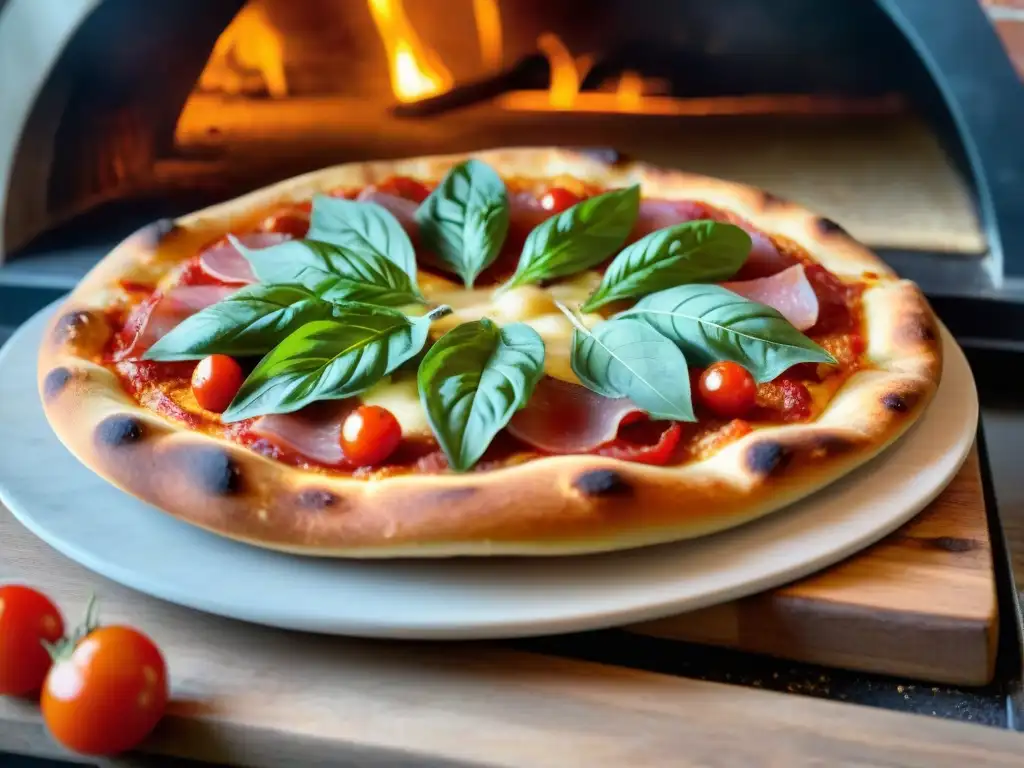 Una pizza sin gluten recién horneada en horno de leña, con ingredientes coloridos, crujiente y deliciosa