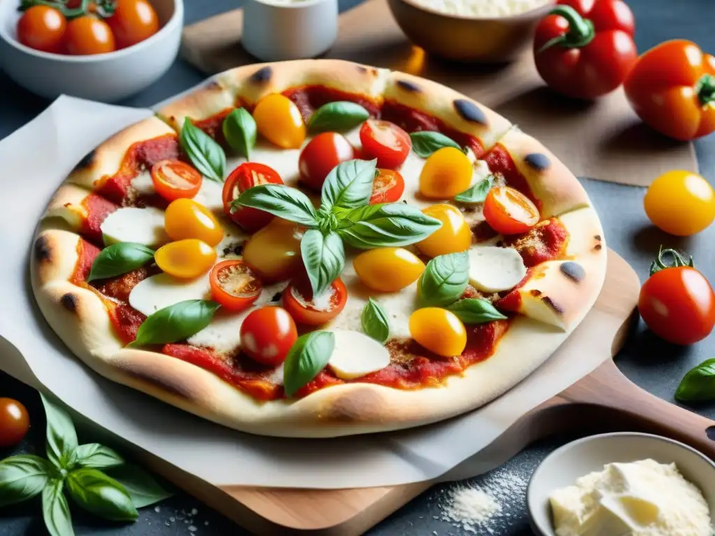 Una pizza sin gluten innovadora con verduras vibrantes y queso fundido, en un ambiente casero y acogedor