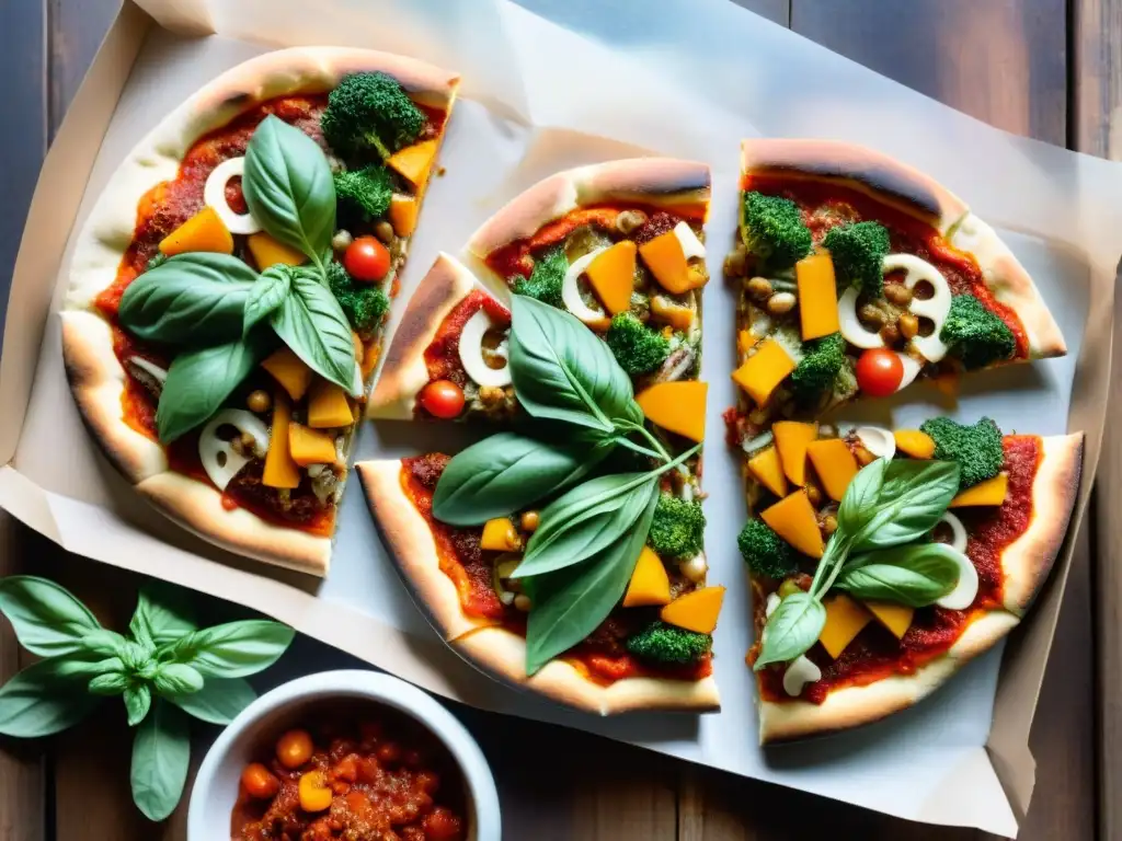 Pizzas veganas sin gluten recetas: Deliciosa variedad de pizzas caseras coloridas con ingredientes frescos y sabrosos en mesa rústica