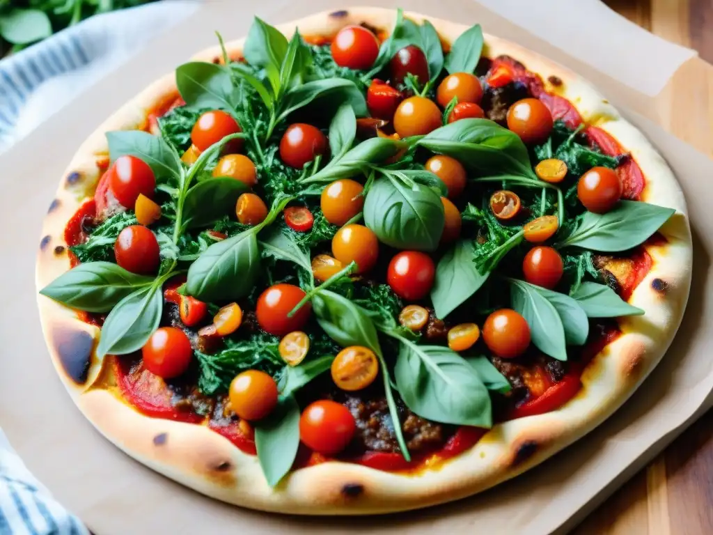 Pizzas veganas sin gluten recetas: Array de pizzas coloridas y apetitosas, con ingredientes frescos y vibrantes, sobre tabla de madera rústica