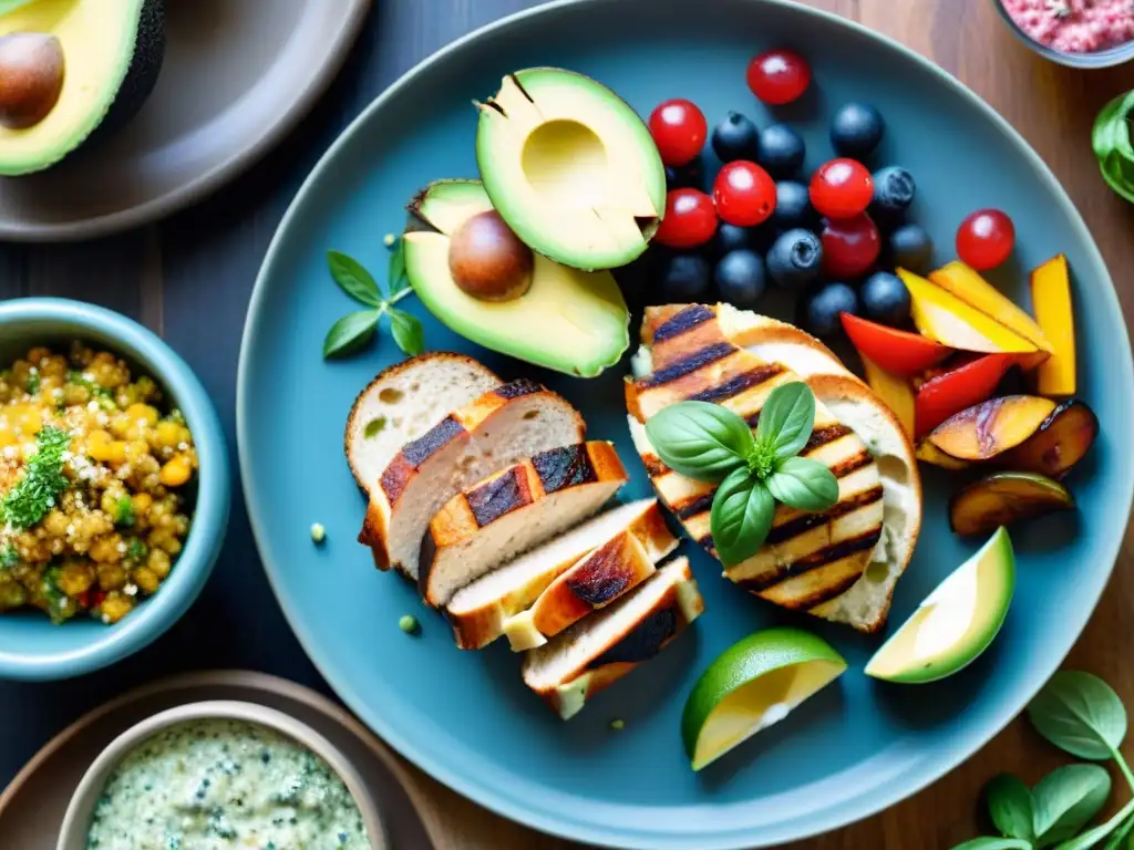 Un plan semanal de comidas sin gluten y carbohidratos, con platos coloridos y apetitosos, sobre una mesa rústica