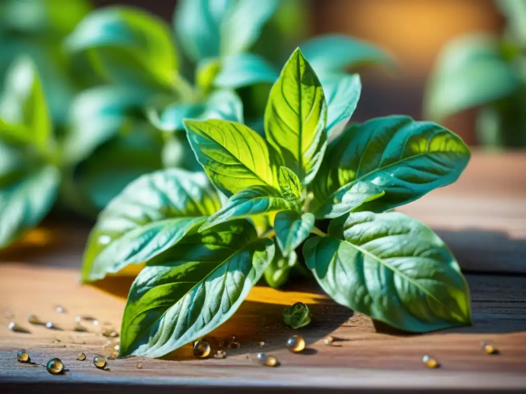 Planta de albahaca verde vibrante en jardín soleado, resaltando frescura del ingrediente clave en pesto sin gluten receta fácil