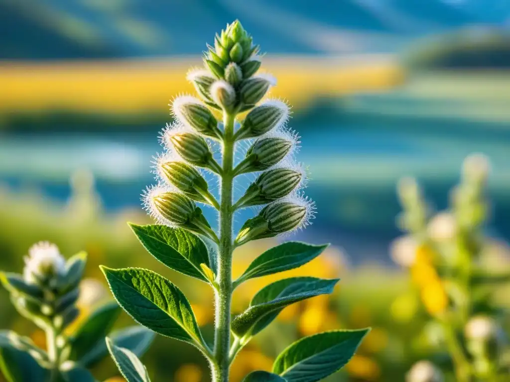 Una planta de chía verde vibrante creciendo alto en un campo dorado bajo un cielo azul claro