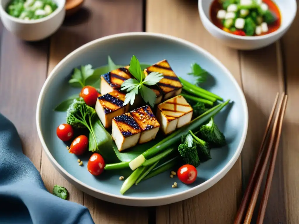 Un plato asiático sin gluten con soja: verduras salteadas, tofu marinado y semillas de sésamo en una presentación elegante