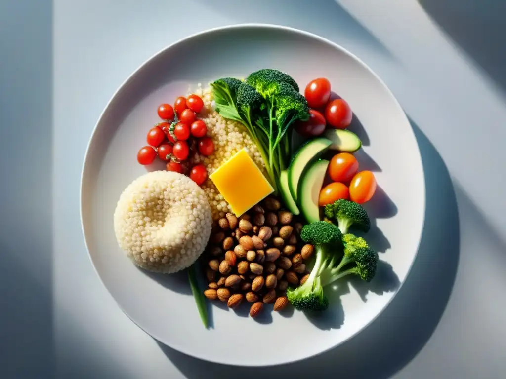 Un plato blanco moderno con alimentos saludables y coloridos: quinoa, carnes magras, verduras frescas y nueces