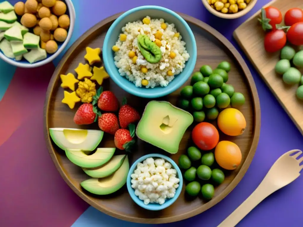 Plato colorido de snacks sin gluten para niños, con frutas, palomitas con levadura nutricional, y vegetales con hummus en un ambiente divertido y saludable