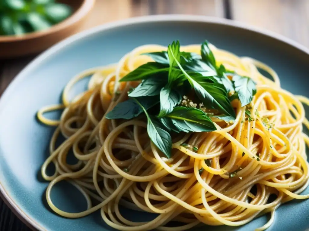 Plato de espaguetis sin gluten aglio e olio con decoración y queso vegano, en mesa rústica