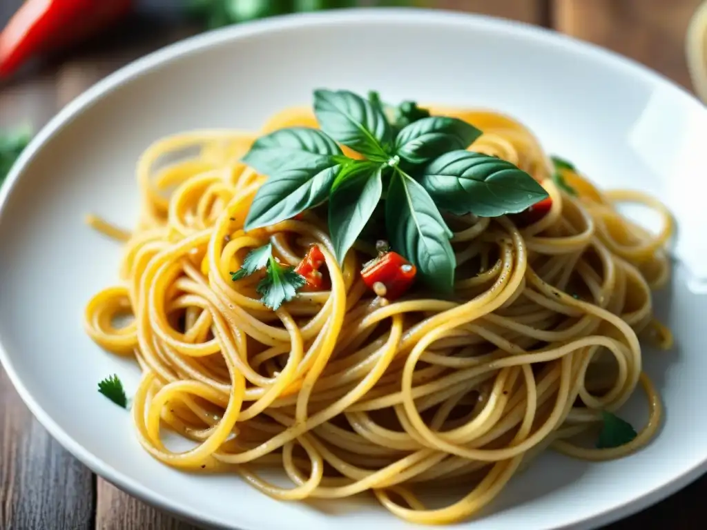 Plato de espaguetis sin gluten aglio e olio, con vapor aromático