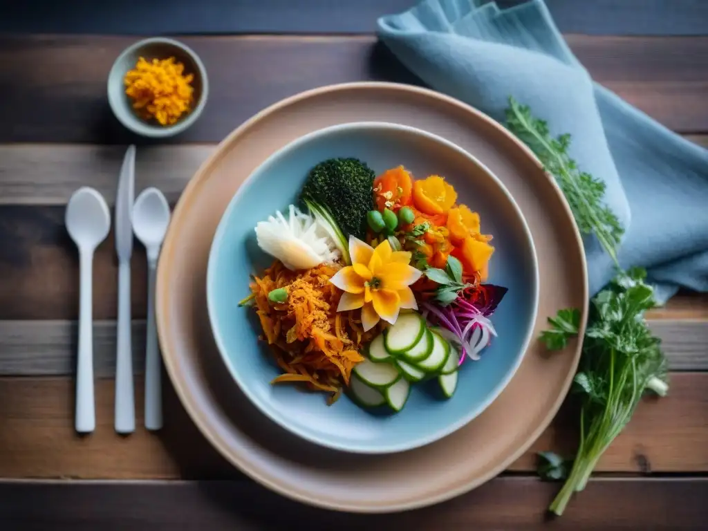 Un plato exquisito de kimchi sin gluten maridado con fermentados, decorado con hierbas frescas y flores comestibles