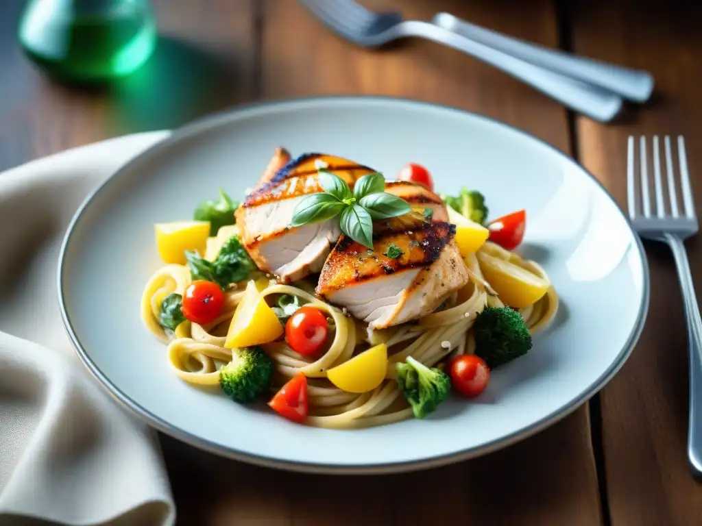 Un plato famoso sin gluten innovador: colorido, fresco y delicioso, con pollo a la parrilla, vegetales y hierbas frescas sobre pasta sin gluten