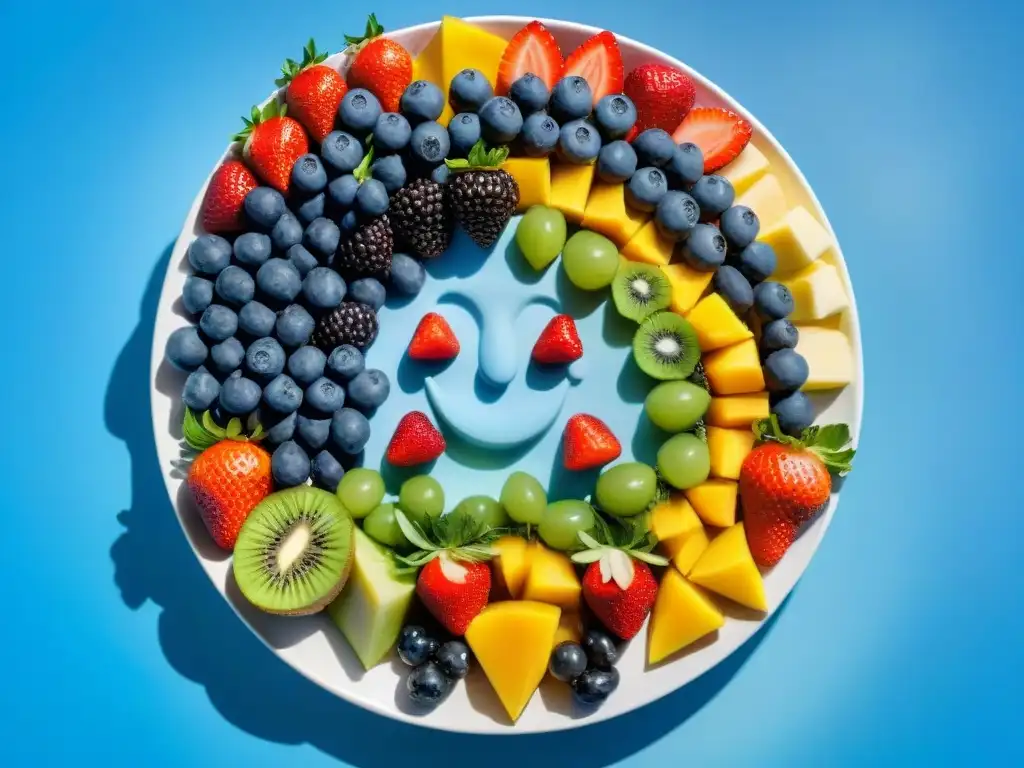 Plato de frutas arcoíris en forma de sol sonriente sobre cielo azul y nubes, ideal para postres sin gluten para niños