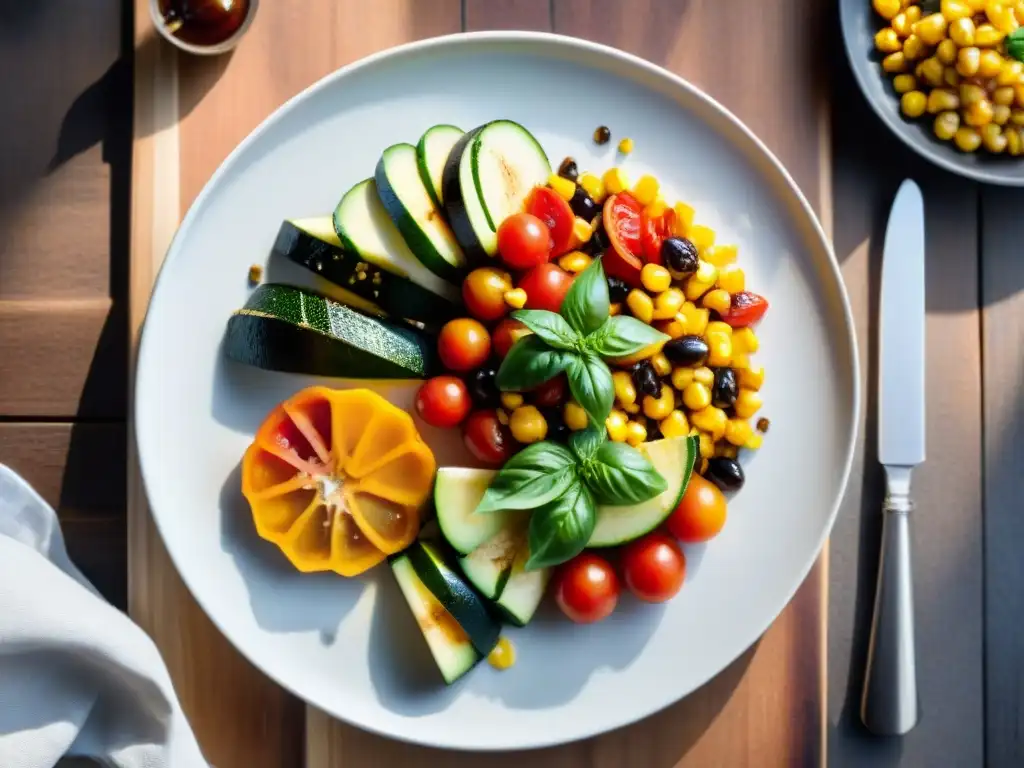 Un plato sin gluten con recetas innovadoras: colorida ensalada con tomates, albahaca, maíz, calabacín a la parrilla y reducción balsámica