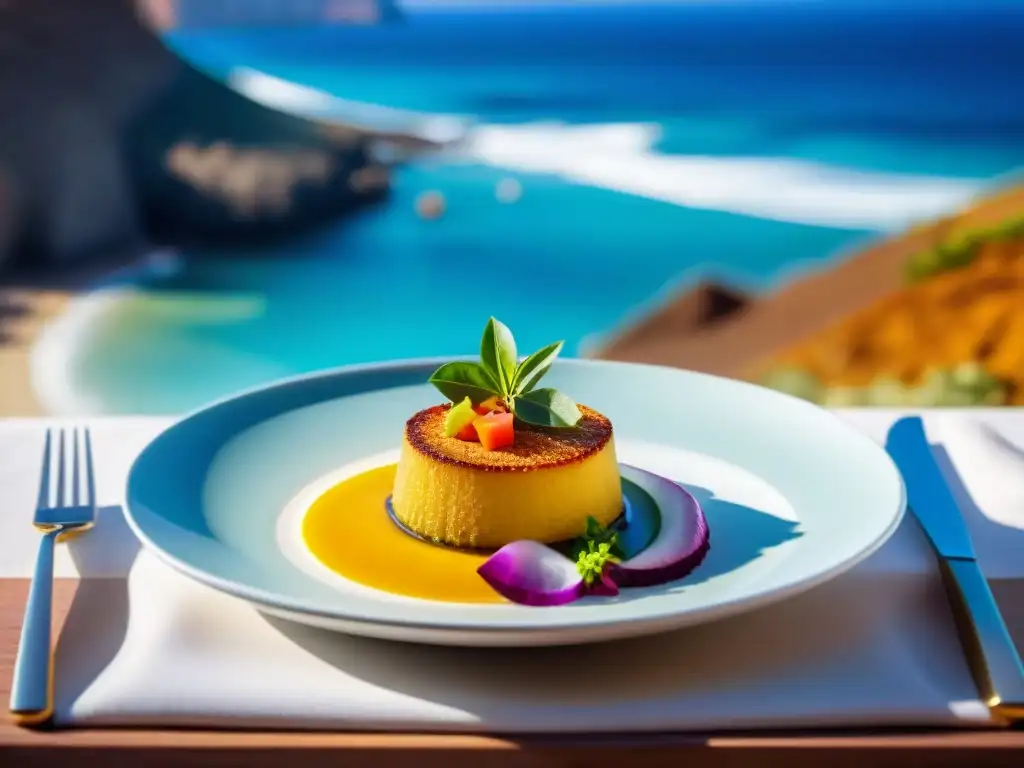 Plato sin gluten en restaurante de lujo con vista a la playa en Tenerife, evocando lujo y relajación