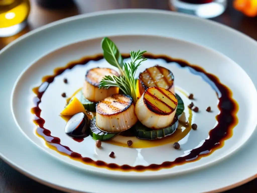 Un plato gourmet sin gluten innovador: verduras asadas, vieiras selladas y reducción de balsámico en porcelana blanca