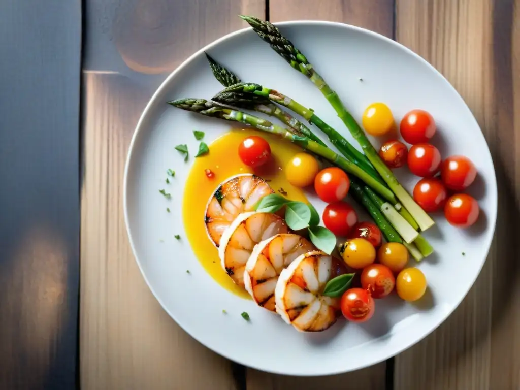 Un plato innovador sin gluten: langostinos, tomates, espárragos y albahaca, en un elegante plato blanco sobre fondo de madera