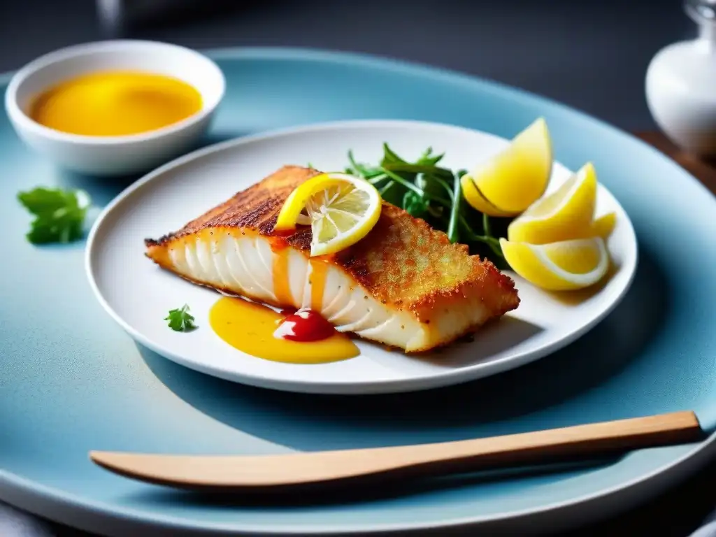 Un plato innovador sin gluten: pescado frito con papas y ensalada colorida en un plato blanco