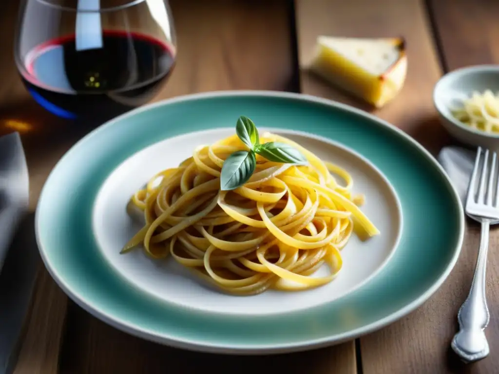 Plato de pasta sin gluten con textura perfecta, bañado en aceite de oliva dorado y hierbas frescas, servido en una mesa rústica con vino tinto