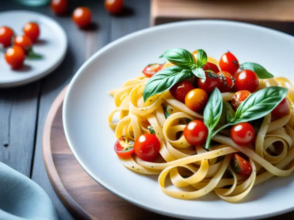 Plato de pasta sin gluten con tomates cherry, albahaca y queso parmesano en mesa de madera