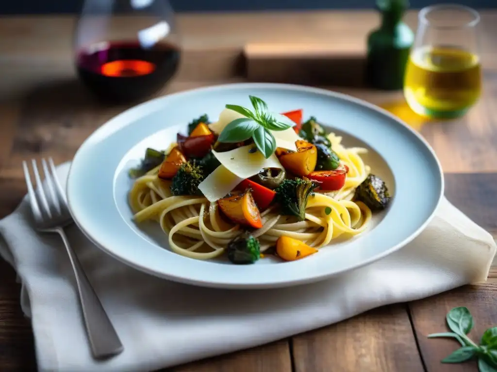 Plato de pasta sin gluten con verduras asadas, hierbas frescas y queso parmesano, ideal para cenas memorables