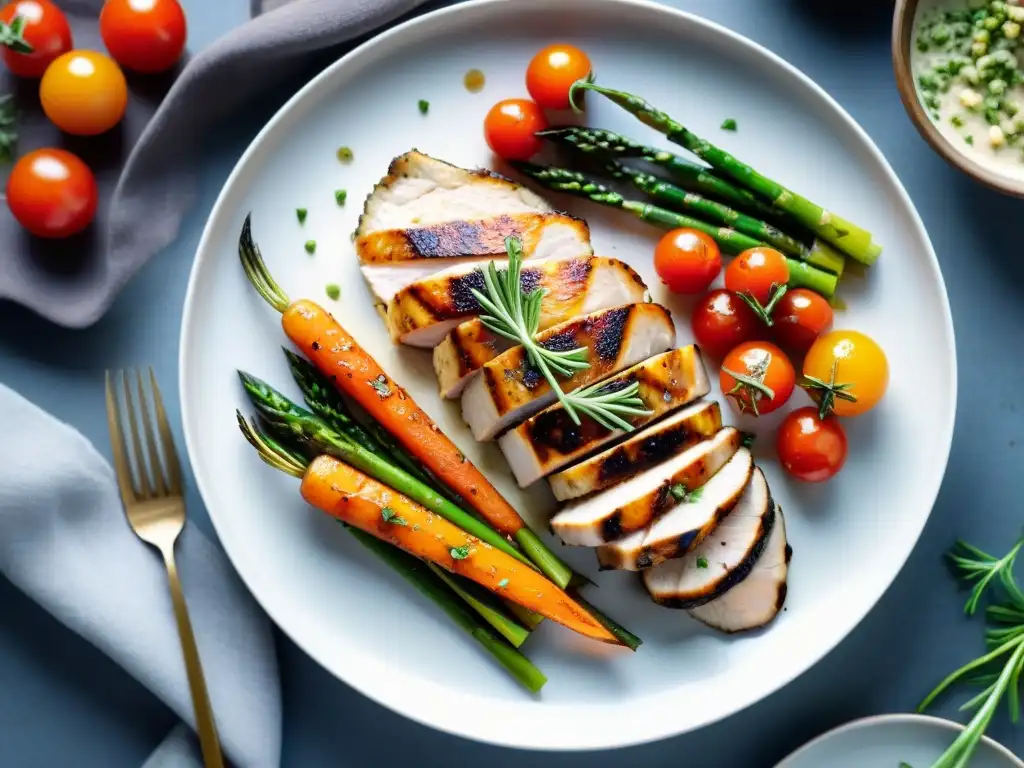 Plato de pollo a la parrilla con vegetales coloridos, para una experiencia culinaria baja en gluten FODMAP