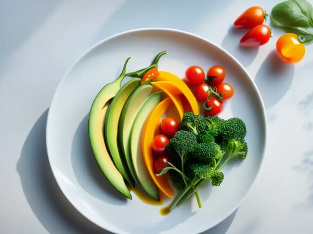 Un plato vegano sin gluten minimalista, con vegetales coloridos y una presentación elegante