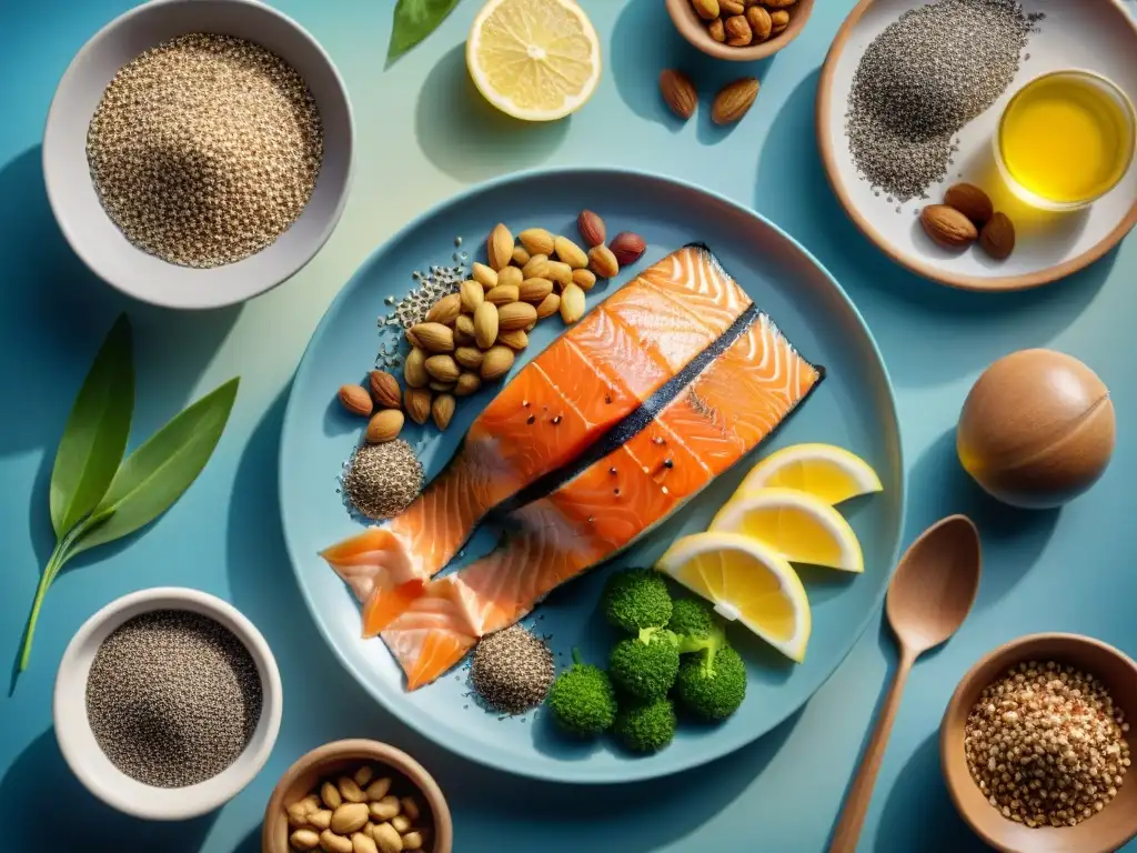 Un plato vibrante y colorido con alimentos ricos en Omega 3 sin gluten beneficios para atletas, resaltando frescura y valor nutricional