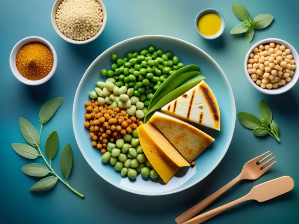 Un plato vibrante y colorido con ingredientes innovadores sin gluten como quinoa, lentejas, garbanzos, edamame y tofu