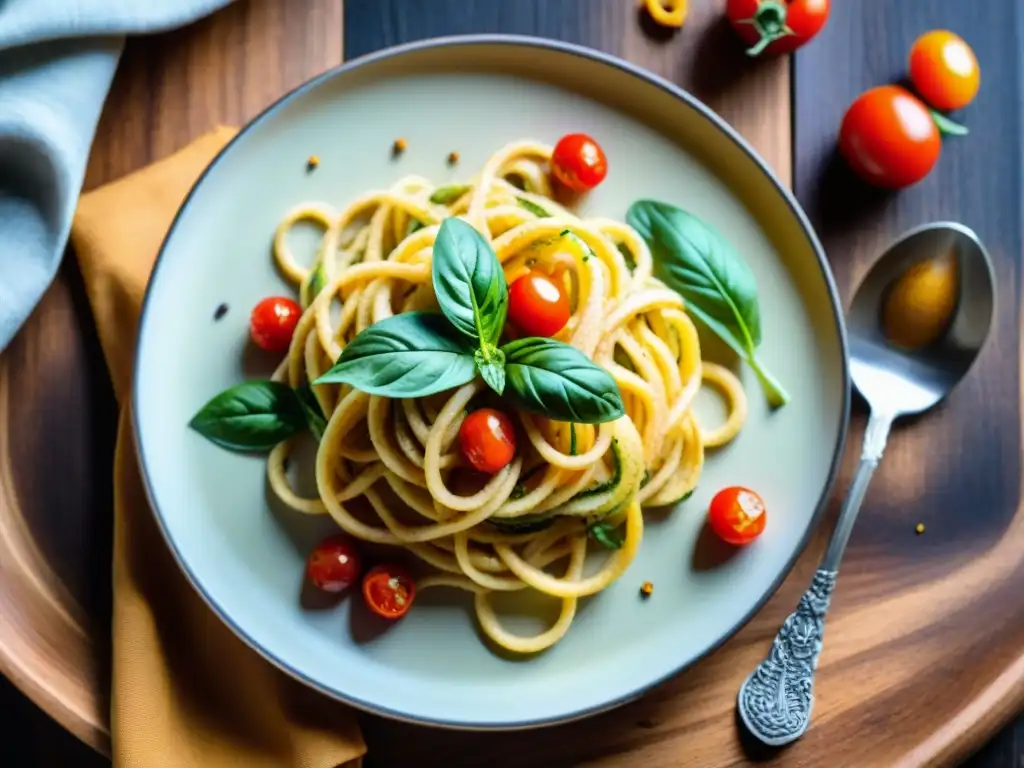 Un plato vibrante de pasta vegana sin gluten auténtica con vegetales espiralizados y salsa de almendra cremosa