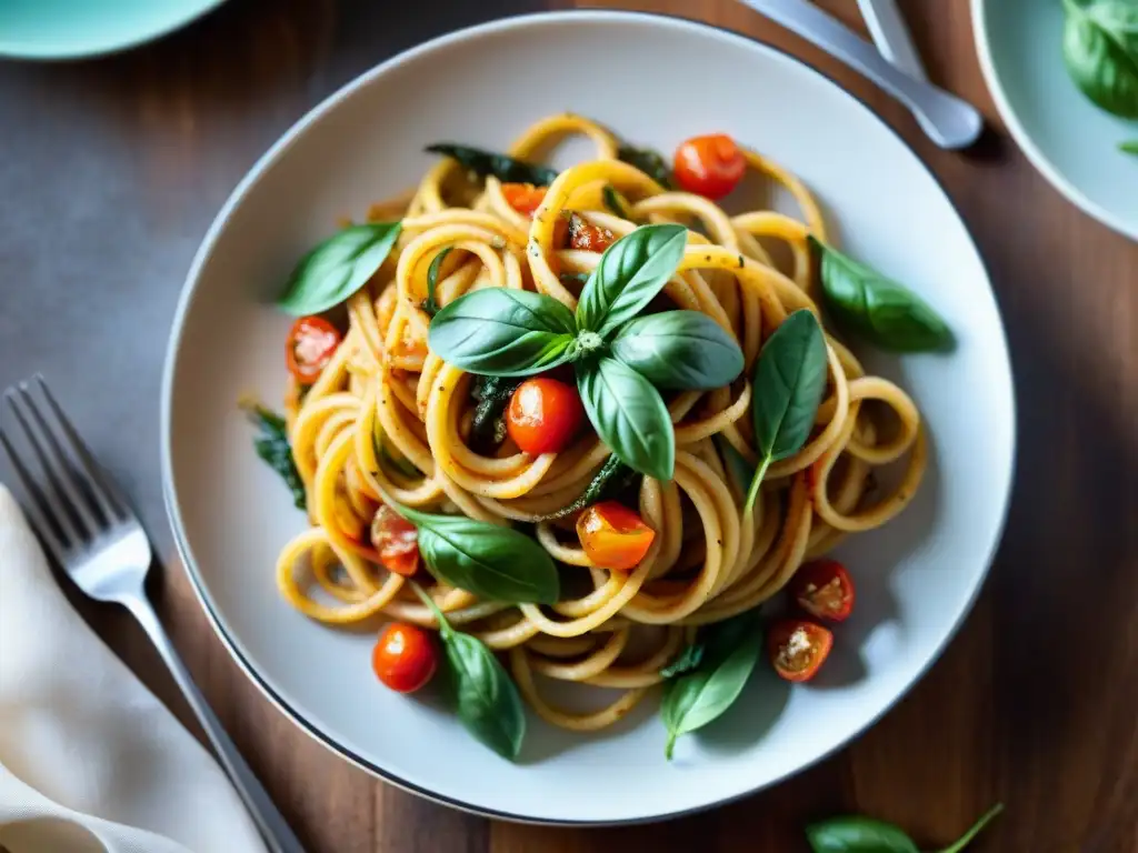 Un plato vibrante de pasta vegana sin gluten auténtica con verduras en espiral y salsa de tomate, decorado con albahaca fresca y vapor