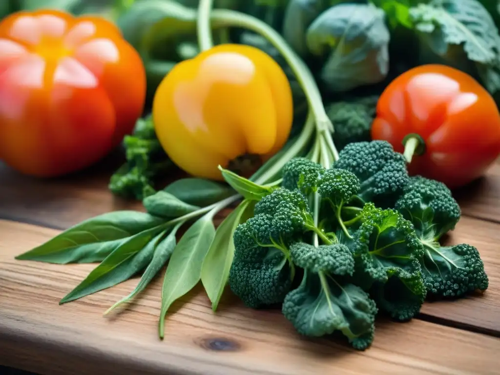 Platos sin gluten con ingredientes: Una variedad de vegetales coloridos y frescos en una mesa rústica al sol dorado