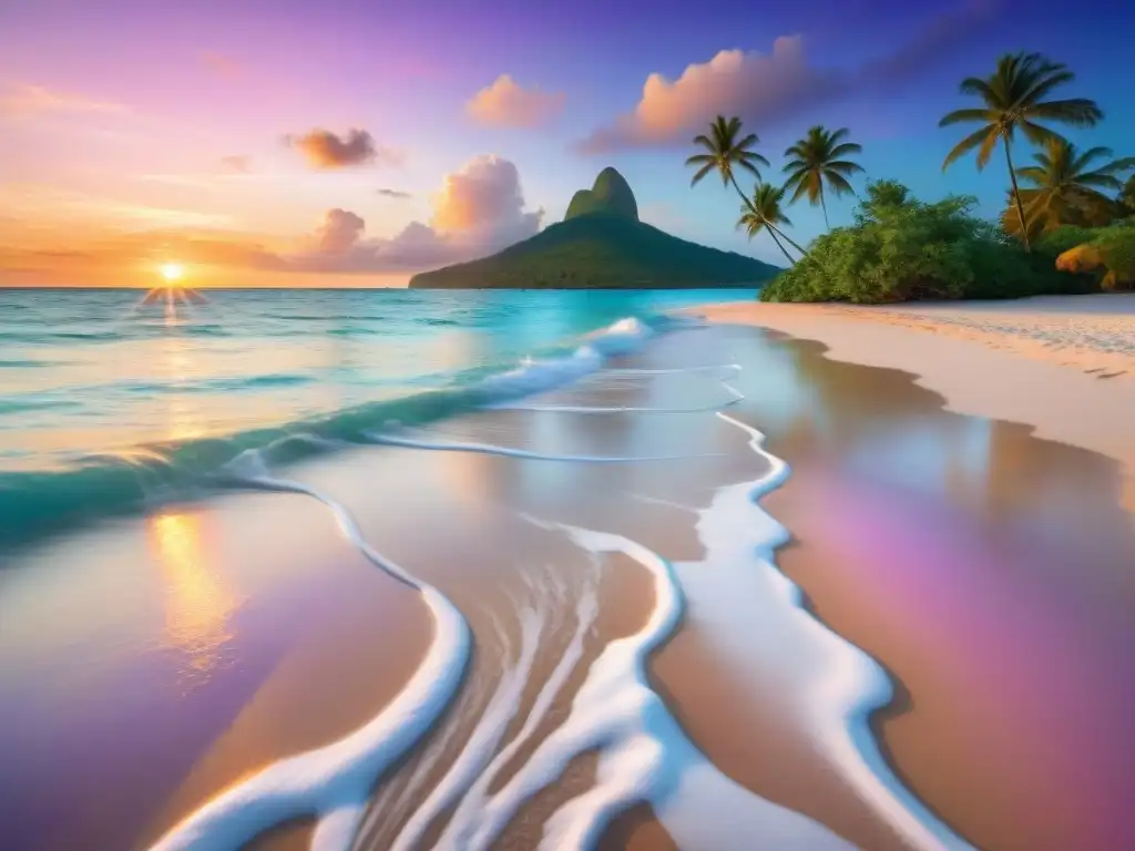 Playa caribeña al atardecer: aguas turquesas, arena blanca, palmeras meciéndose y un cielo colorido