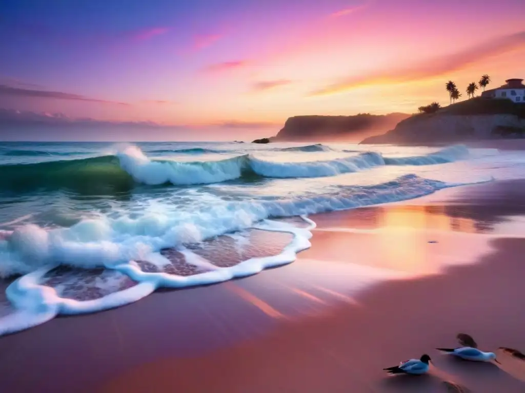 Playa serena al amanecer con olas suaves, gaviotas y cielo colorido