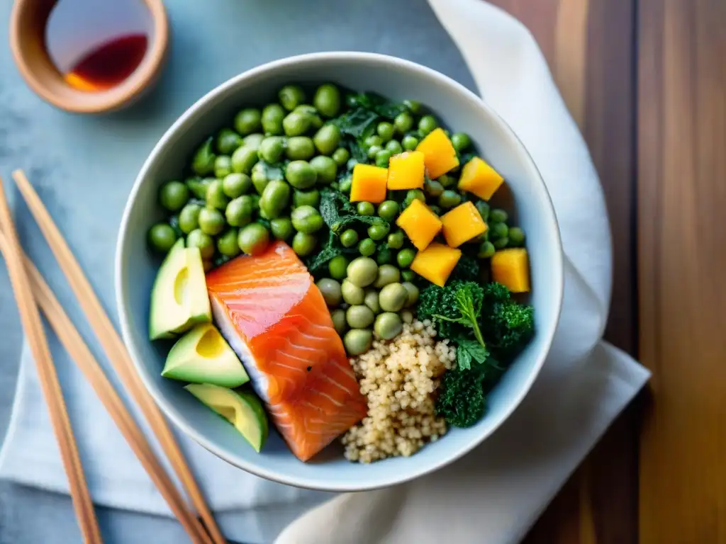 Un poke bowl sin gluten receta, lleno de ingredientes coloridos y frescos, sobre una mesa de madera con té verde helado al fondo