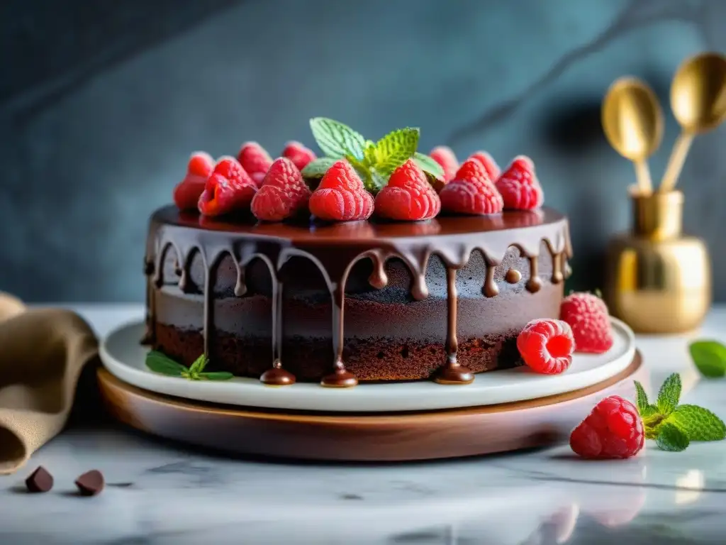 Postre decadente sin gluten vegano: pastel de chocolate con ganache, frambuesas y menta en elegante soporte de mármol