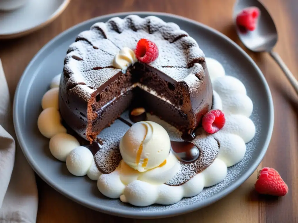 Postre sin gluten esponjoso: un delicioso pastel de lava de chocolate con helado de vainilla y frambuesas frescas en un entorno acogedor