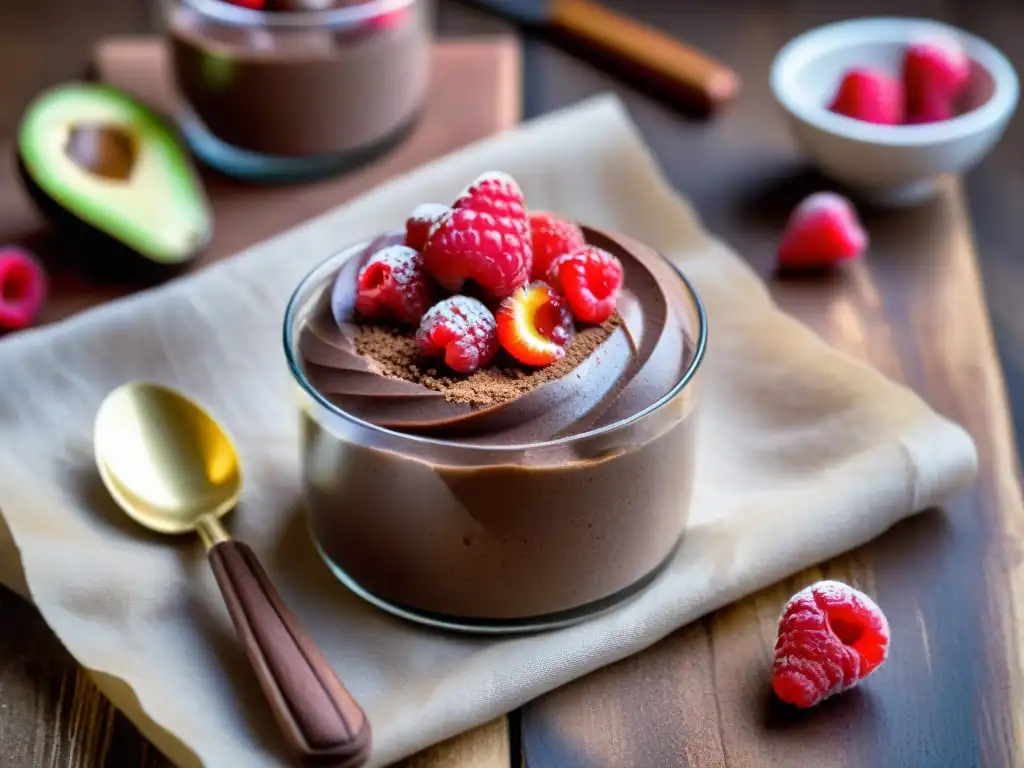 Un postre vegano sin gluten delicioso: mousse de chocolate y aguacate con frambuesas frescas y cacao en copa de postre sobre mesa de madera