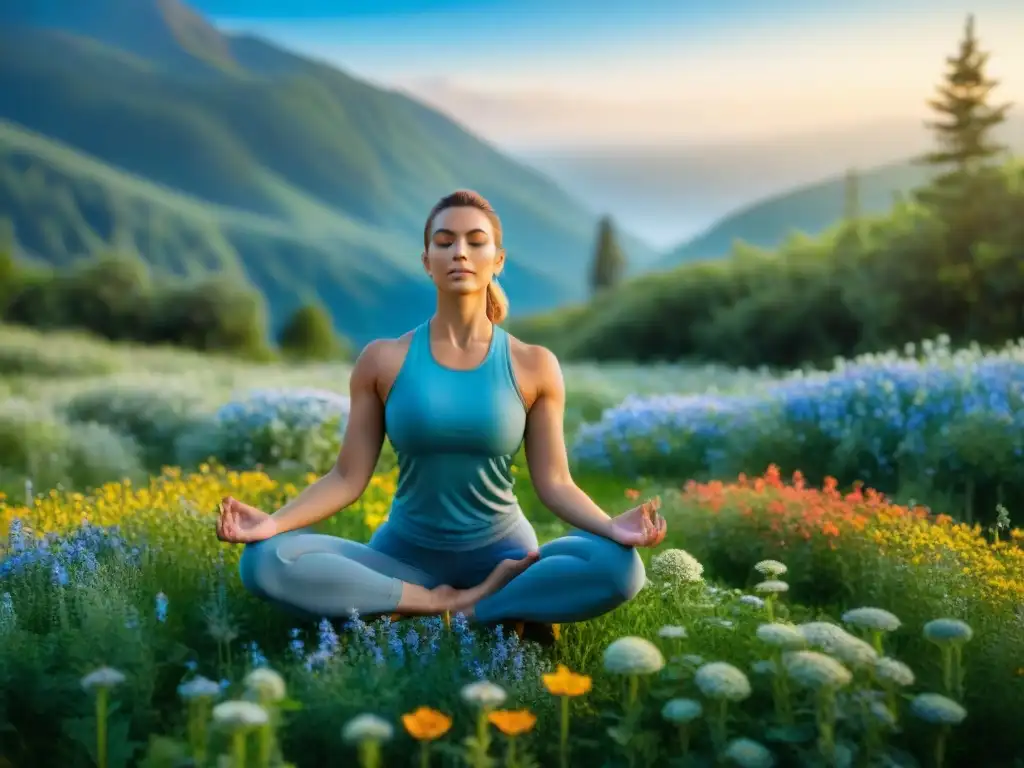 Práctica de yoga en prado verde con flores silvestres bajo cielo azul