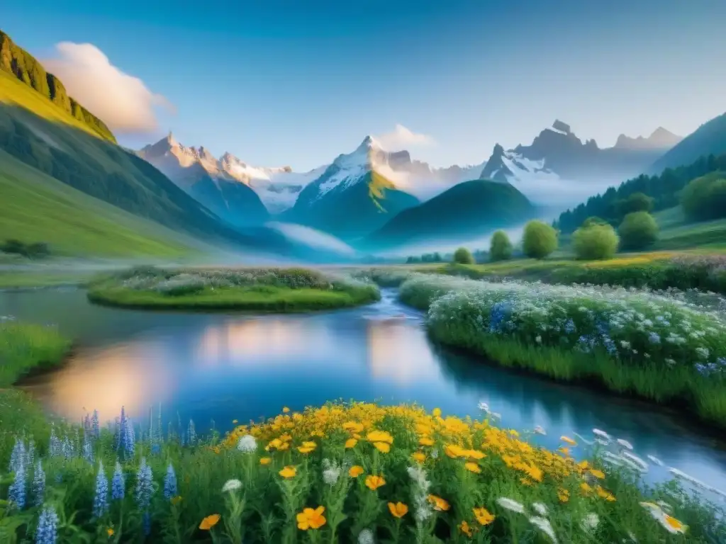 Prado verde con flores silvestres, montañas nevadas y arroyo bajo cielo azul