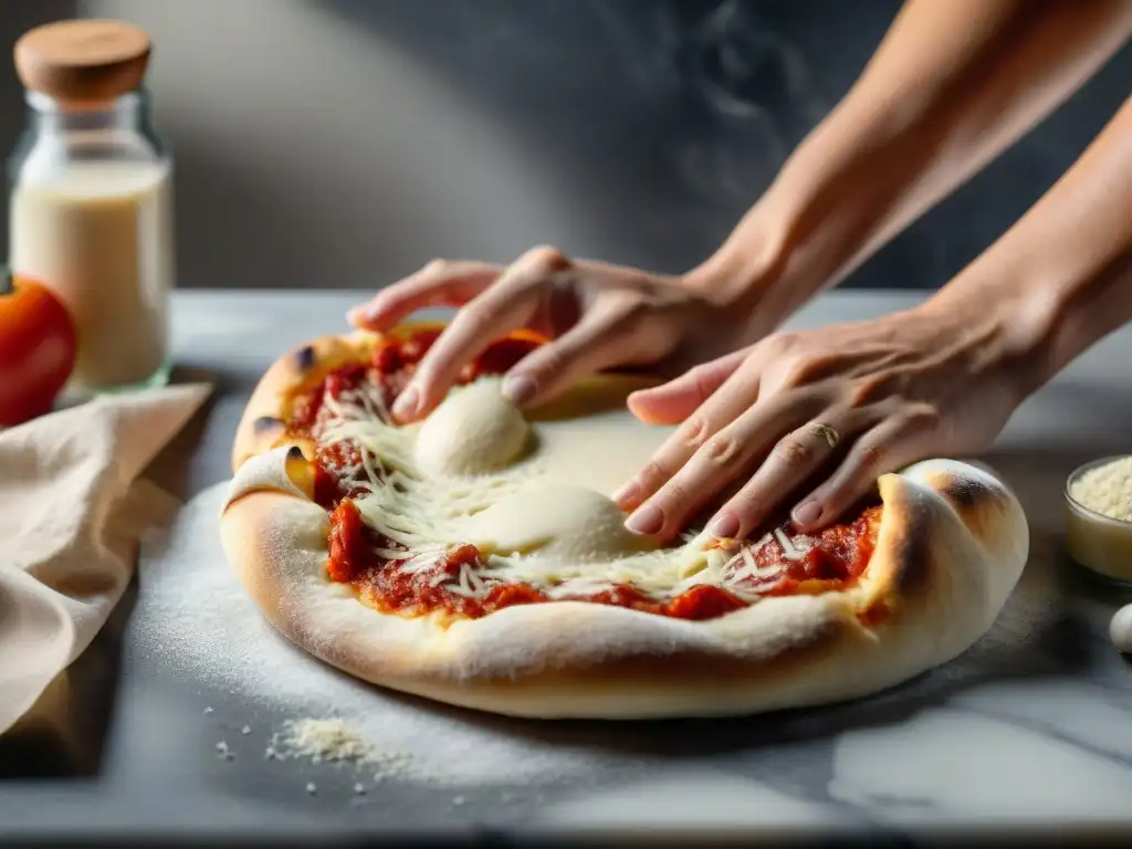 Preparación de receta pizza sin gluten casera: manos expertas amasando masa elástica sobre encimera de mármol