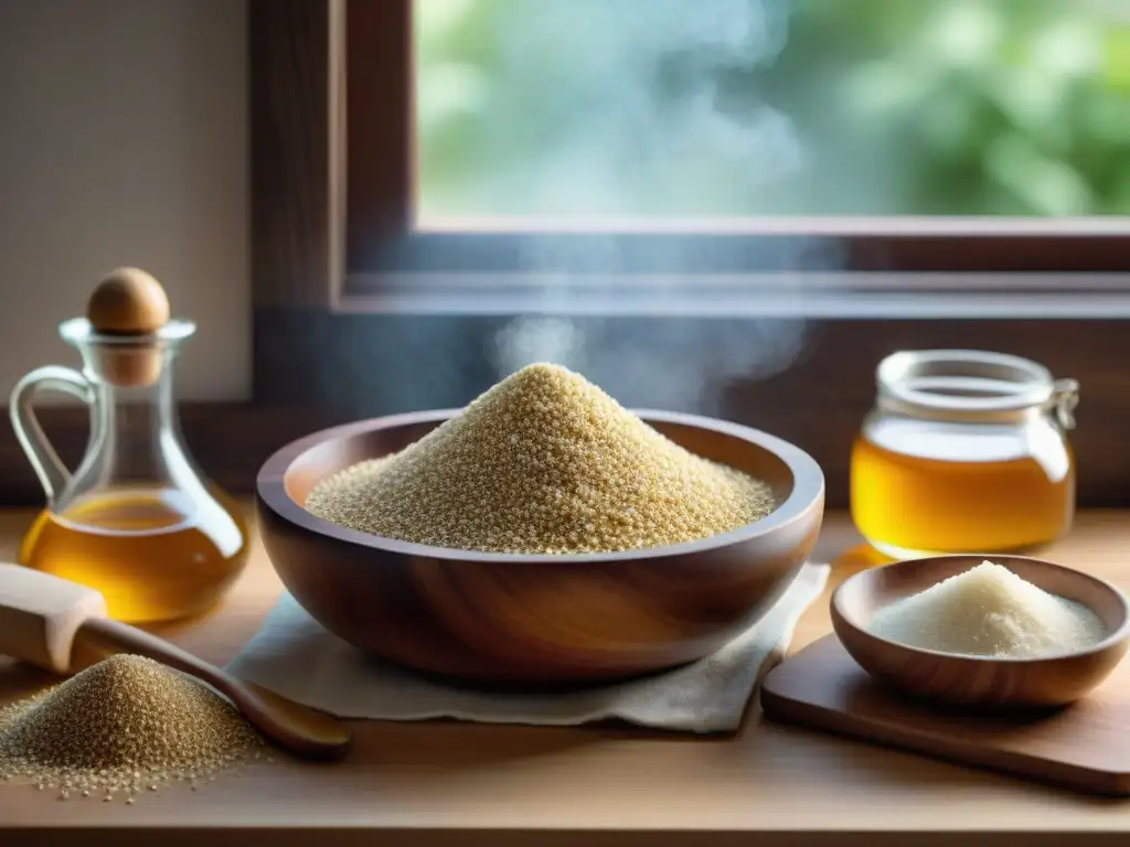 Preparativos para receta pan de amaranto sin gluten: ingredientes dispuestos en encimera de madera bajo luz natural