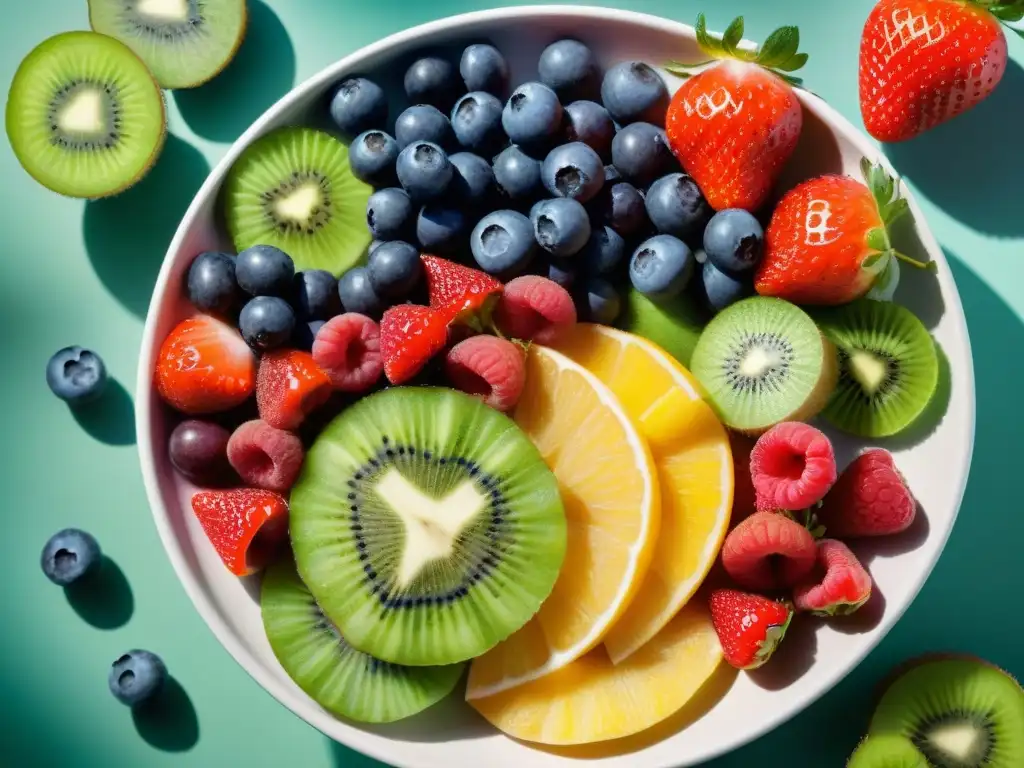 Presentación de platos sin gluten con frutas vibrantes y exquisitas, armonía de colores y detalles que deslumbran