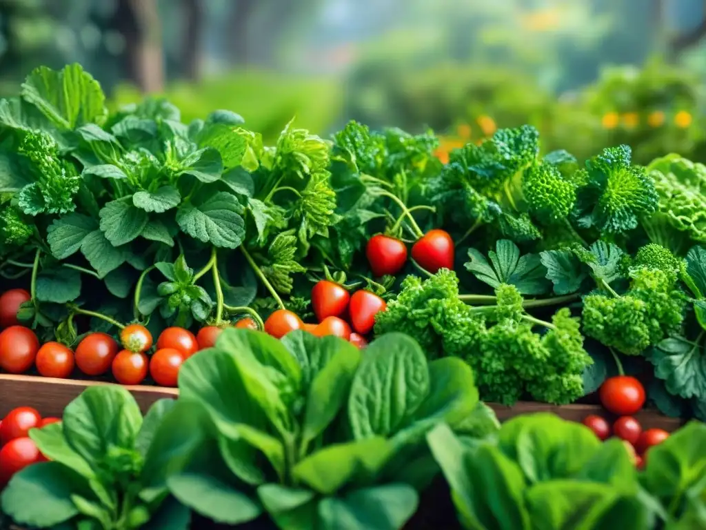 Un jardín primaveral lleno de vegetales y frutas sin gluten, como fresas, lechugas, tomates y hierbas frescas, iluminado por el sol