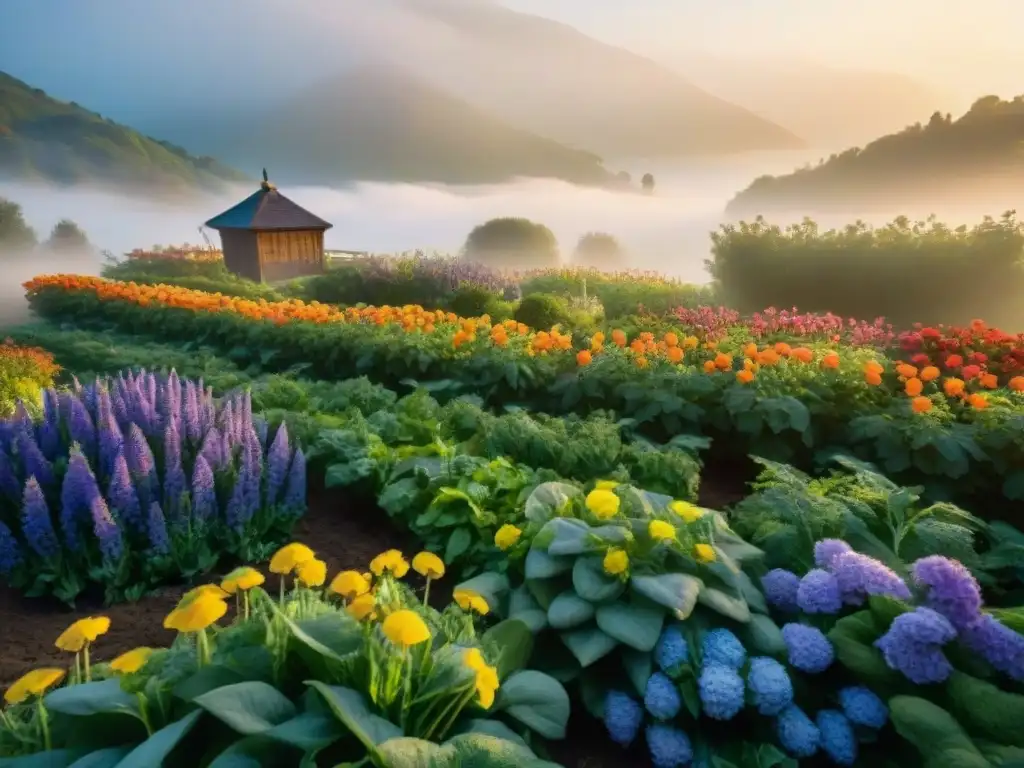 Un jardín primaveral vibrante con flores coloridas, hierbas frescas y vegetales maduros bajo la luz dorada