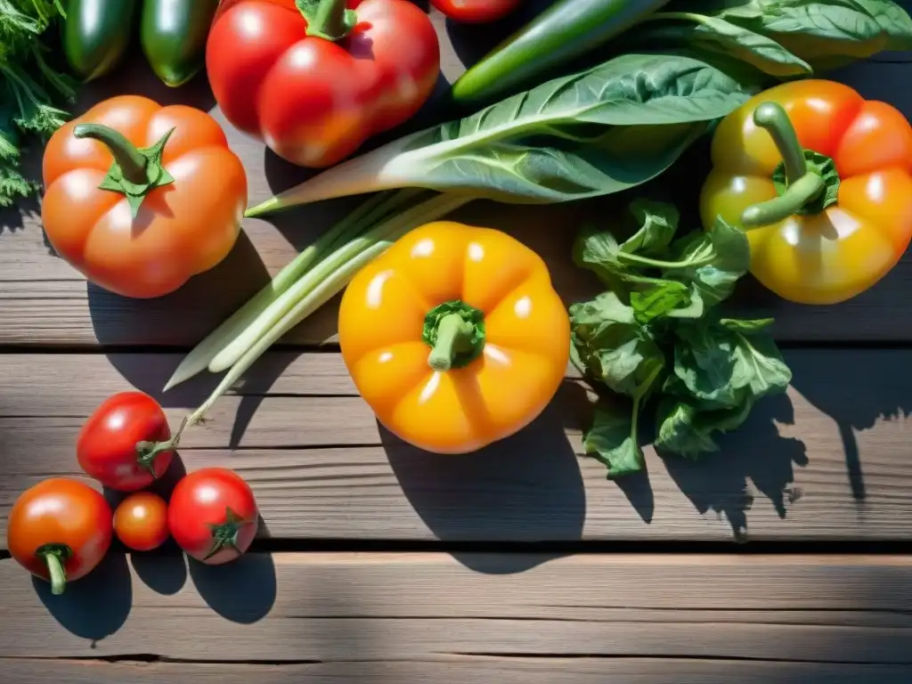 Jardín primaveral vibrante con verduras coloridas en mesa de madera, ideal para platos principales sin gluten primavera