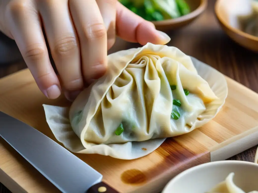 Un proceso detallado de doblar un gyoza sin gluten, con ingredientes frescos y vibrantes